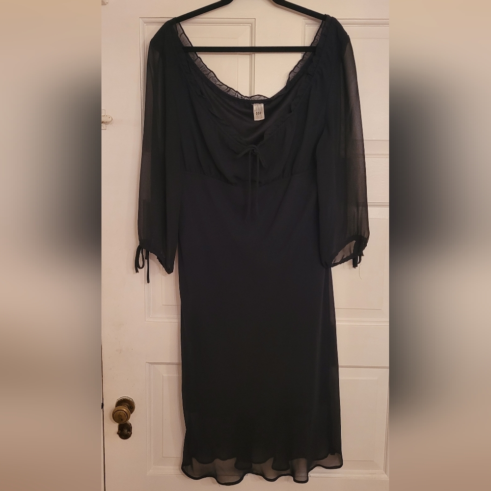 Dori Black Adjustable Scoop Neckline Sheer 3/4 Tie Sleeve A-Line Dress